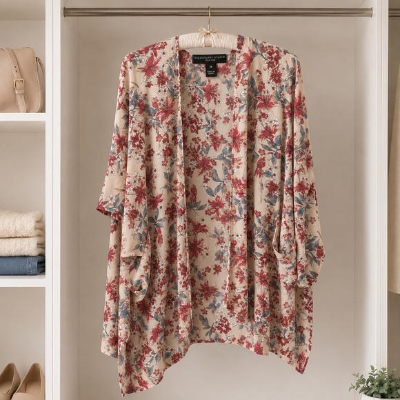 Signature Studio Sweaters - Floral Kimono Women 1X Plus Open Front Topper Pockets Boho Signature Studio